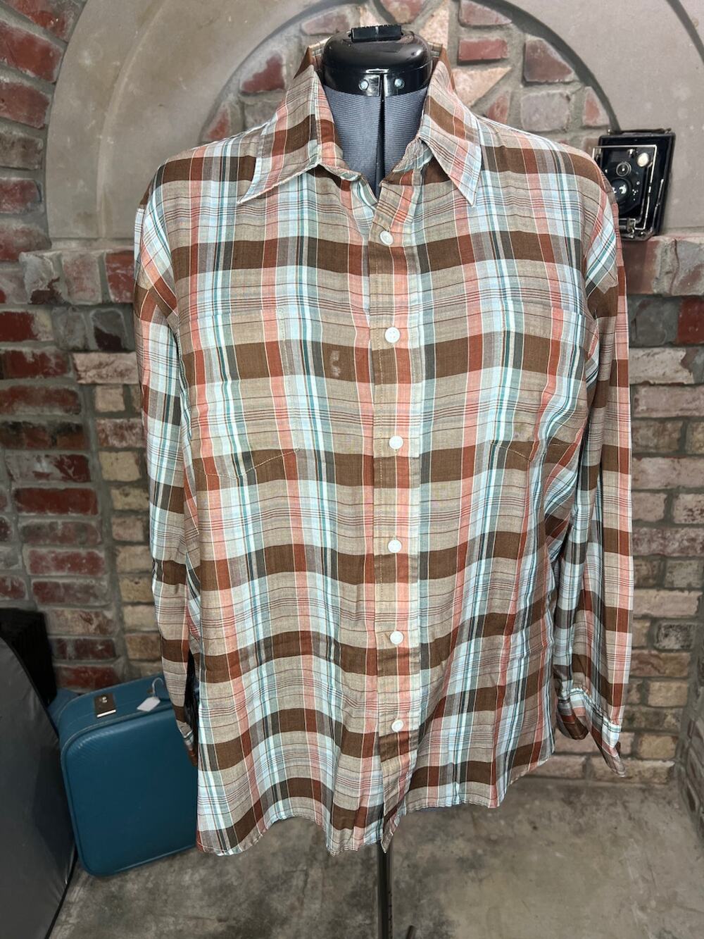 western shirt plaid button down 1970s brown blue